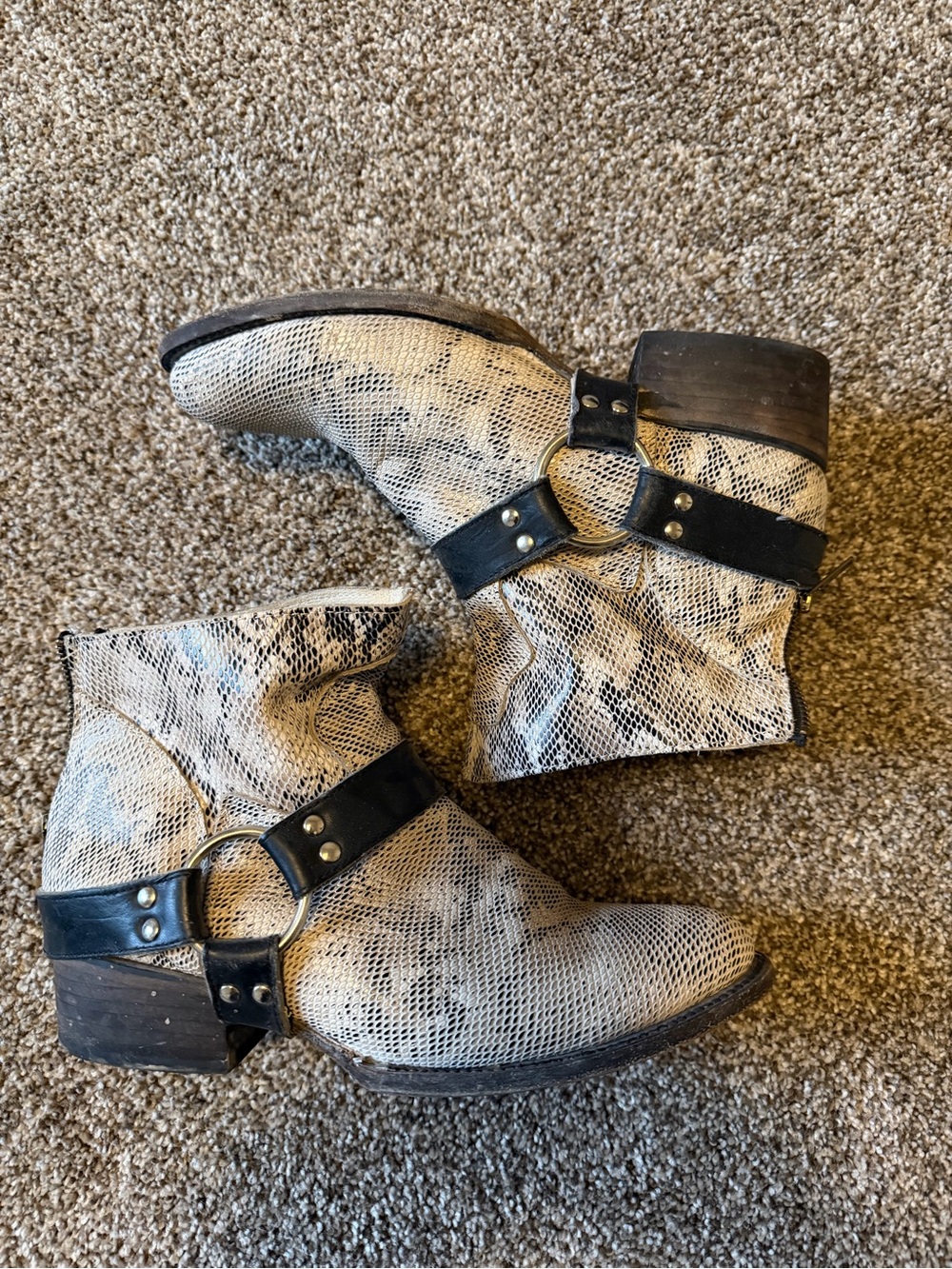 Freebird Leather Snake Embossed Harness Boots Cream Black Size 9